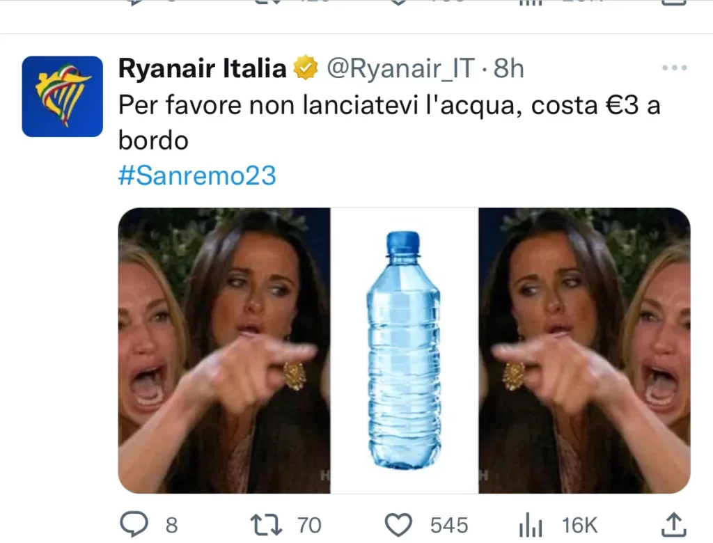 Ryanair realizza meme sfruttando il real time marketing e gli episodi accaduti a Sanremo 2023_smarTalks